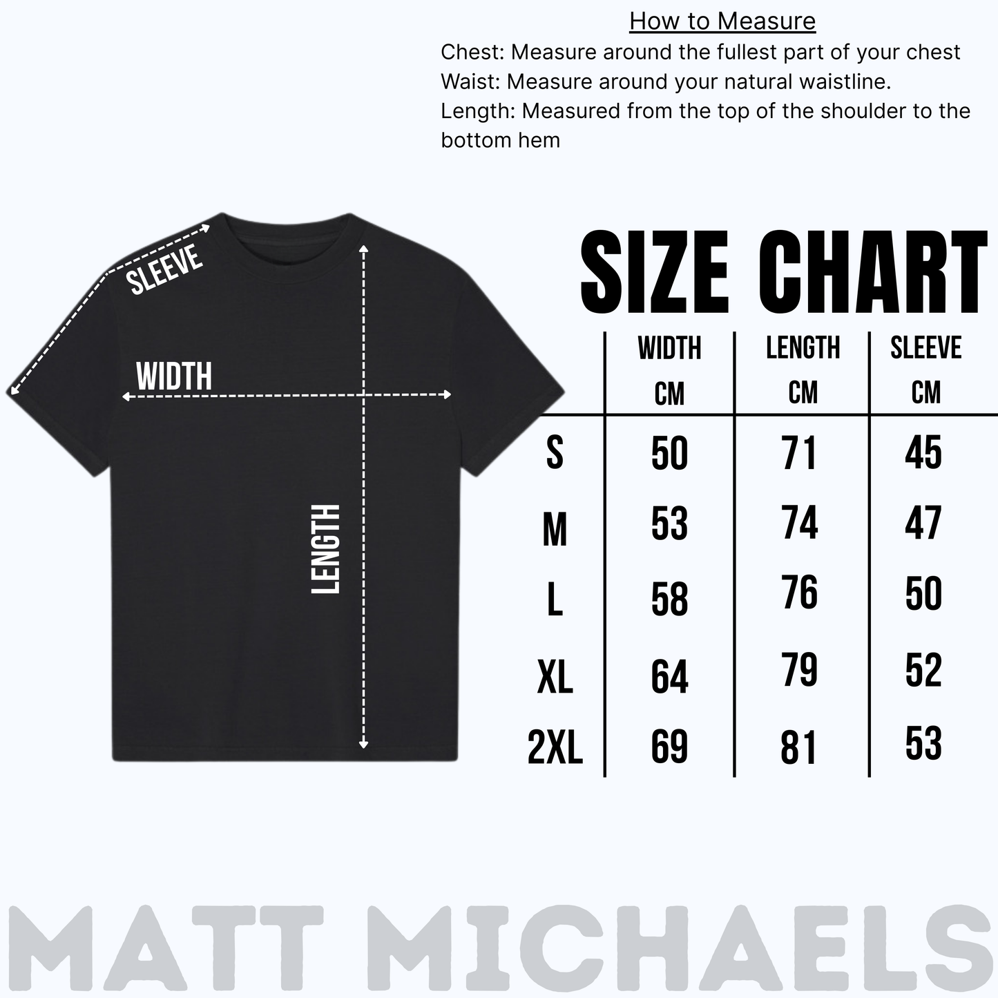 Black t-shirt with size chart and measurement guide on a white background