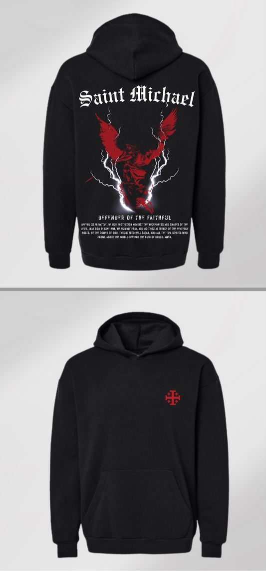 Black pullover hoodie with red Saint Michael graphic on back and small red cross on chest