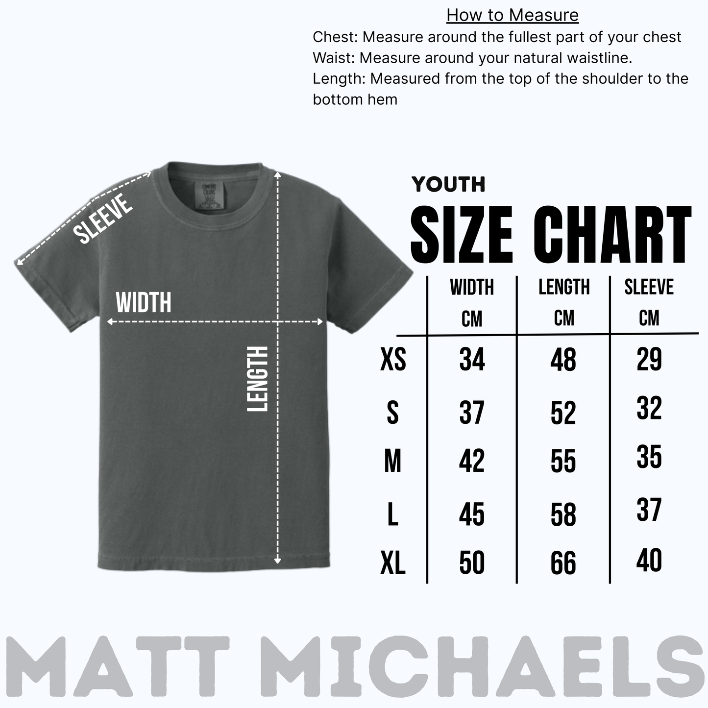 Gray t-shirt with size chart and measurement guide on a white background