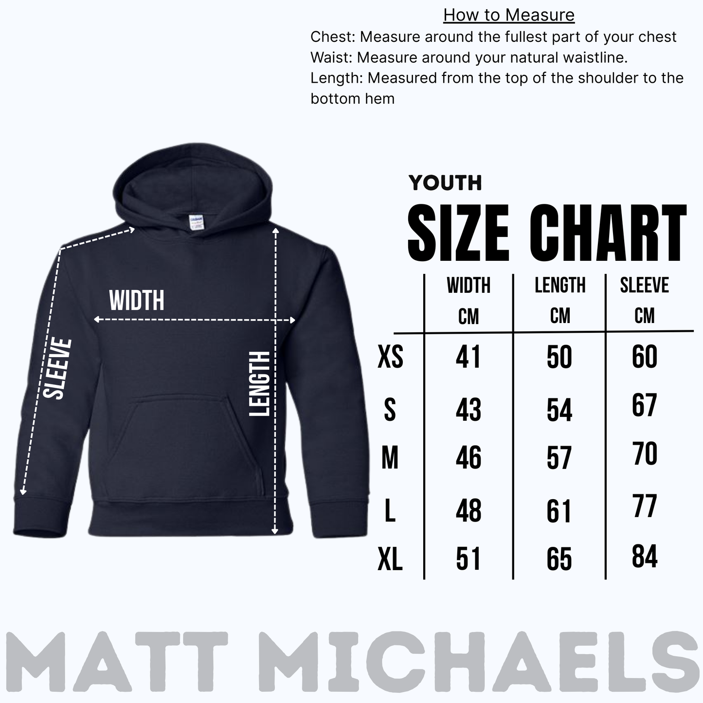 Navy hoodie with size chart for youth measurements on a white background, featuring Matt Michaels branding.