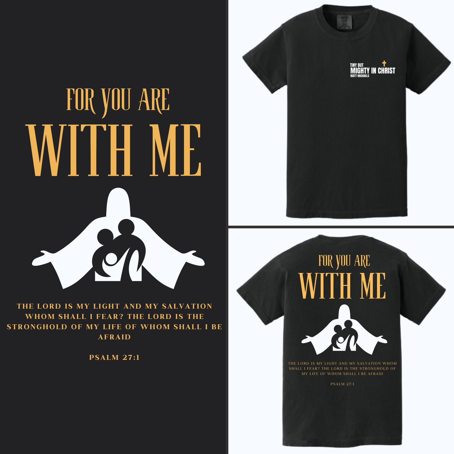 Black t-shirt with white and gold design and text on a black background