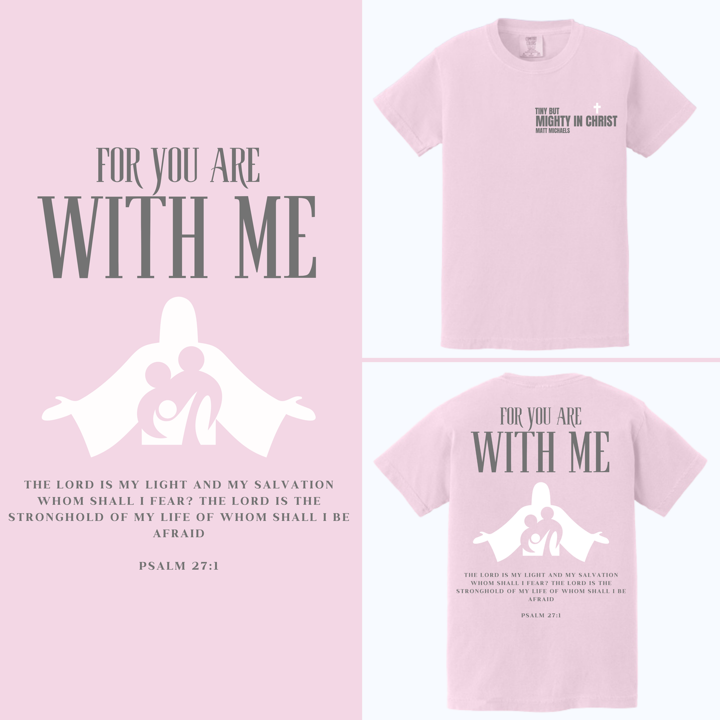 Pink t-shirt with religious text and design on a pink background