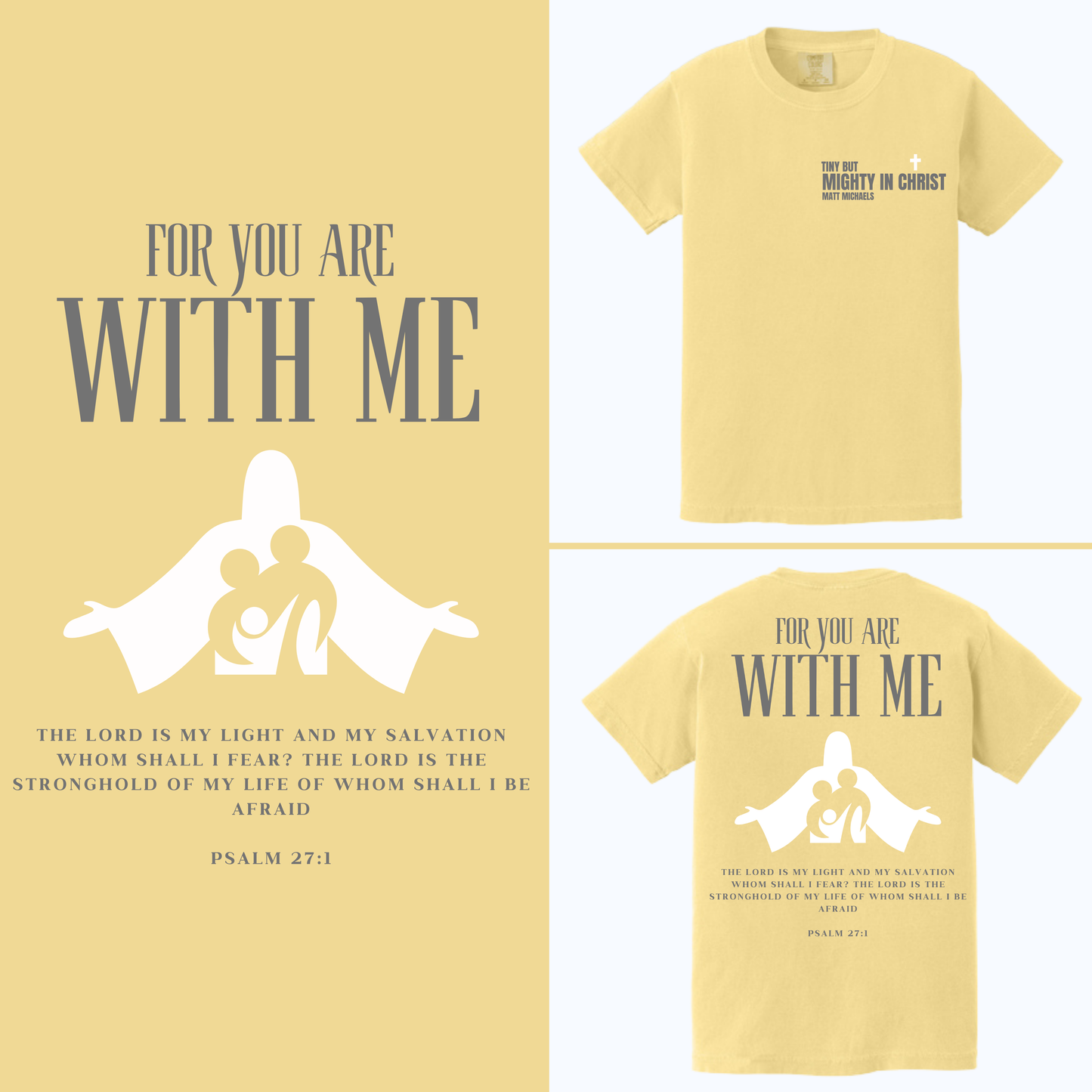 Yellow t-shirt with religious design and text on a yellow background
