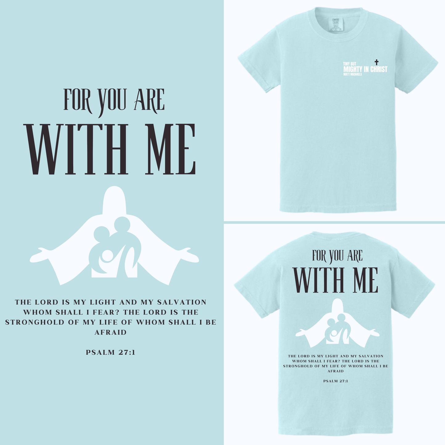 Light blue t-shirt with religious text and graphics on a light blue background