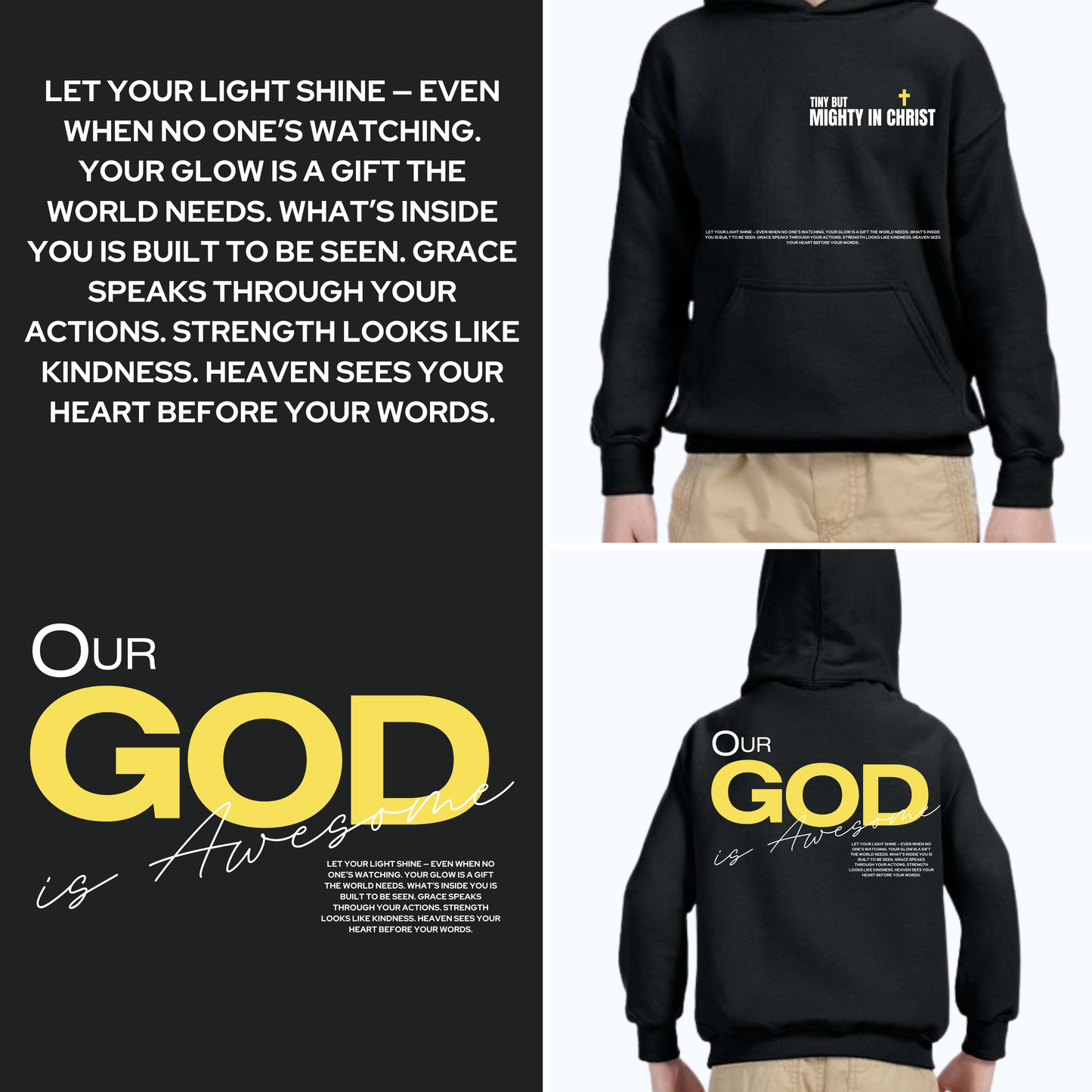 Black hoodie with text and 'Our God is Awesome' slogan, displayed on a white background.