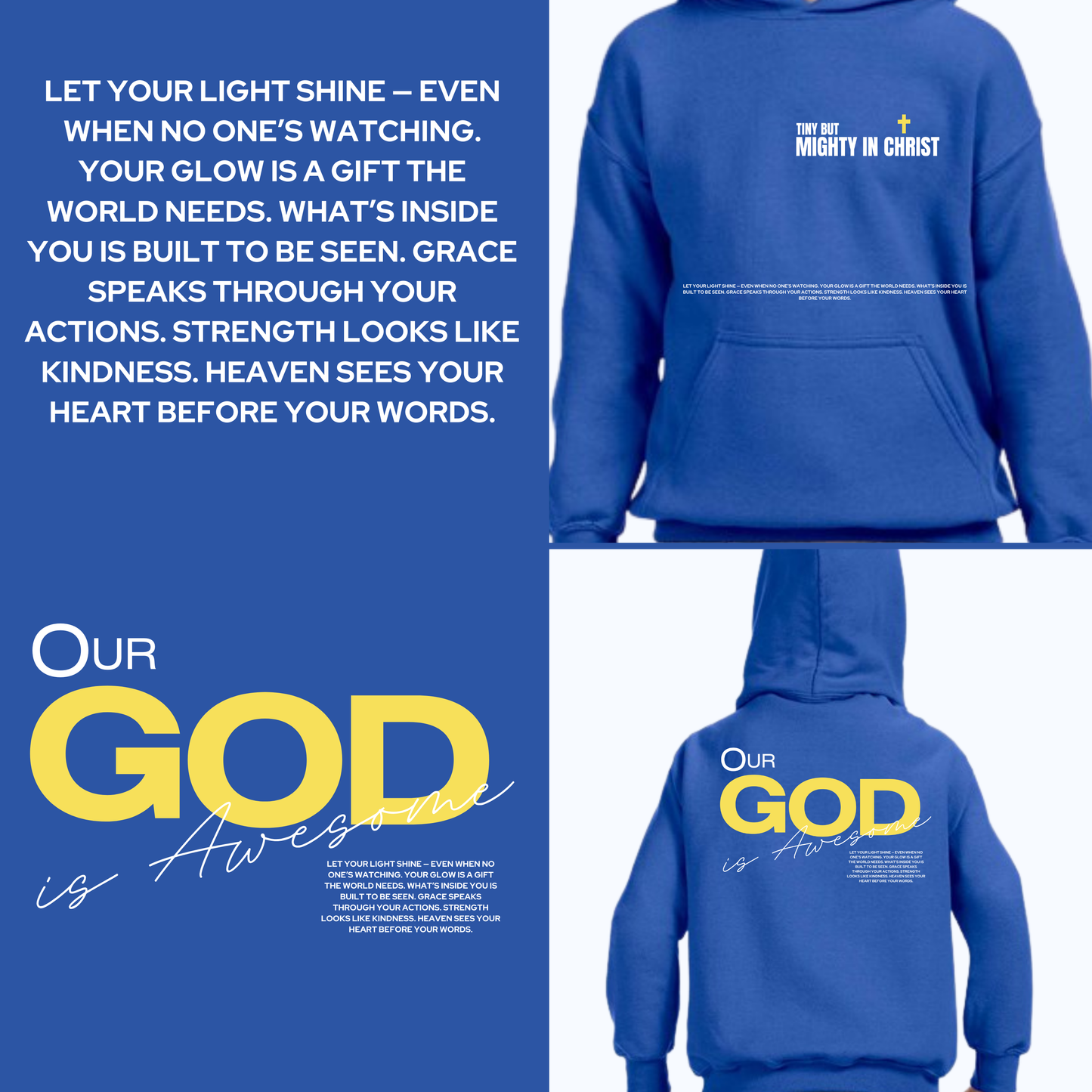 Blue hoodie with text on front and back, featuring motivational quote and branding.
