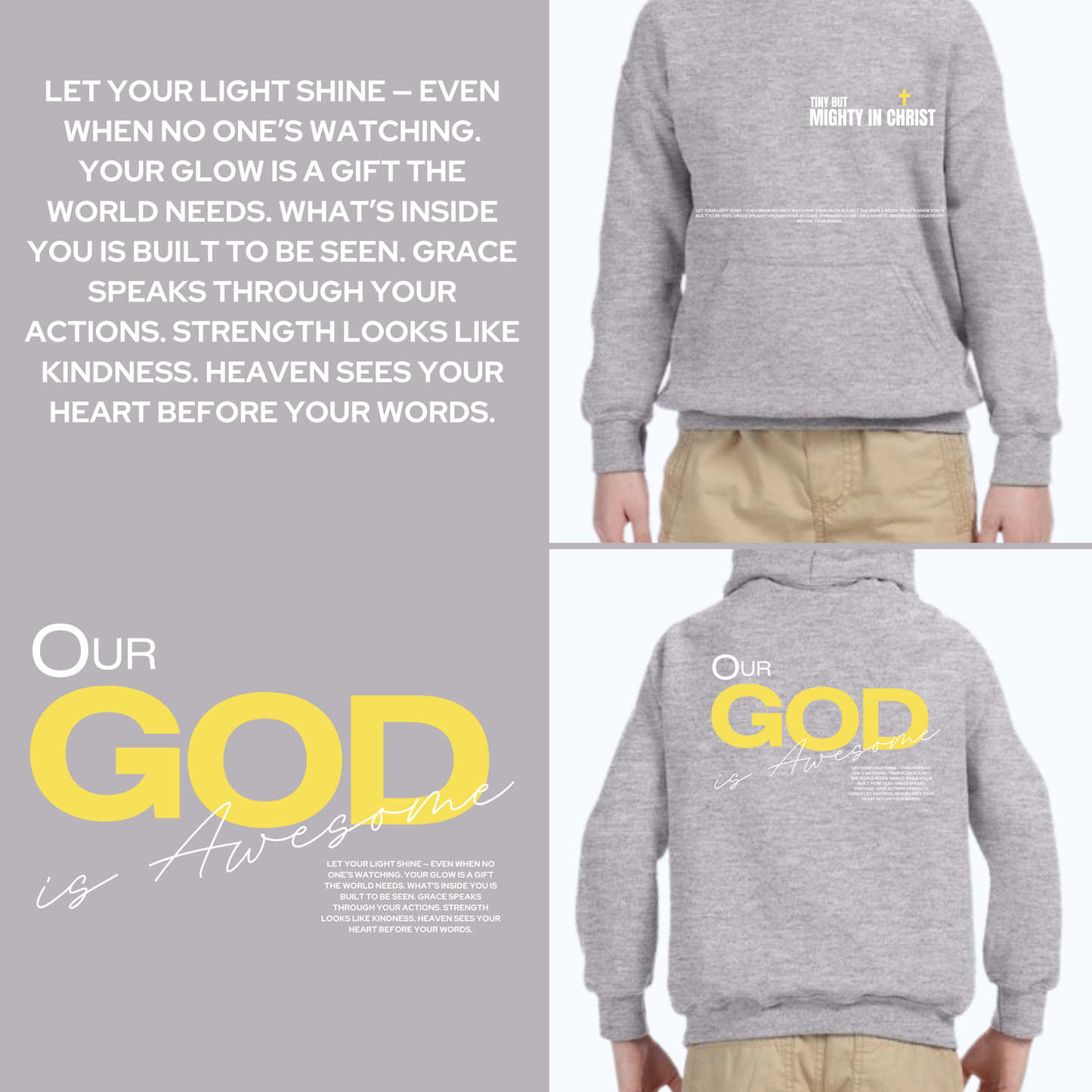 Gray hoodie with text on front and back, displayed on a person, with motivational quote on gray background.