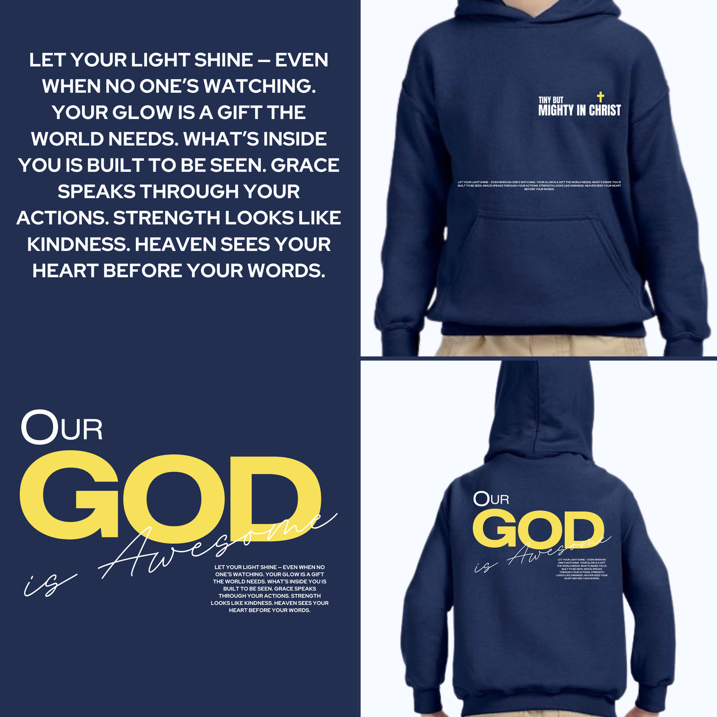 Navy blue hoodie with motivational text on front and back, displayed against a white background.