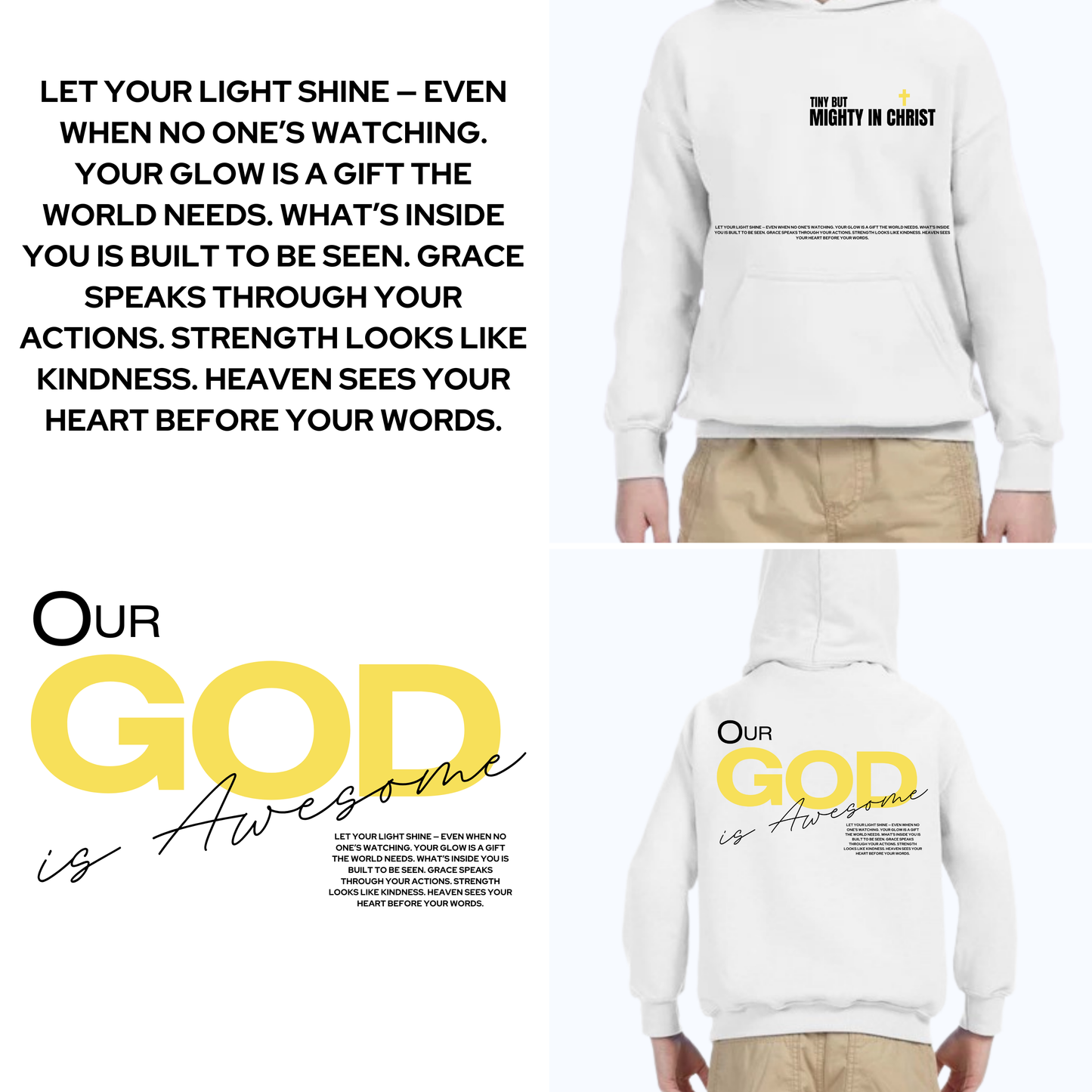 White hoodie with text on front and back, displayed on a person wearing beige pants.