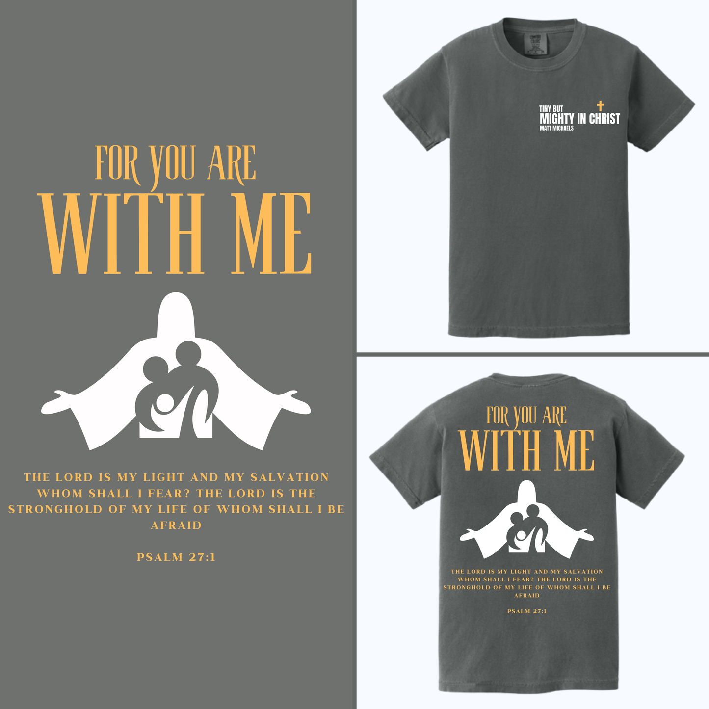 Gray t-shirt with religious design and text on a gray background
