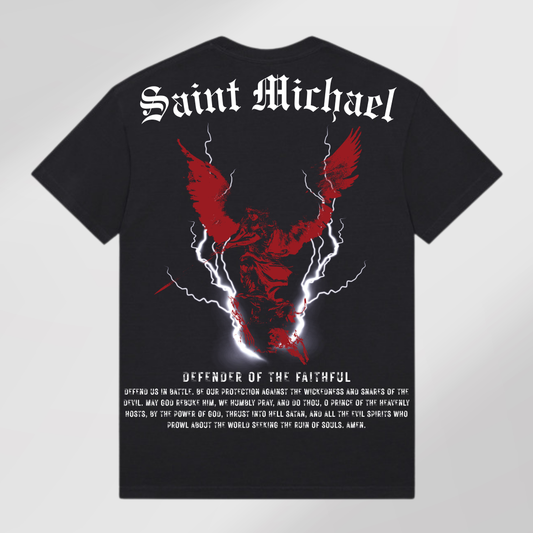Back of black tee with Saint Michael prayer, st michael, and lightning graphic. Defender of the Faith design
