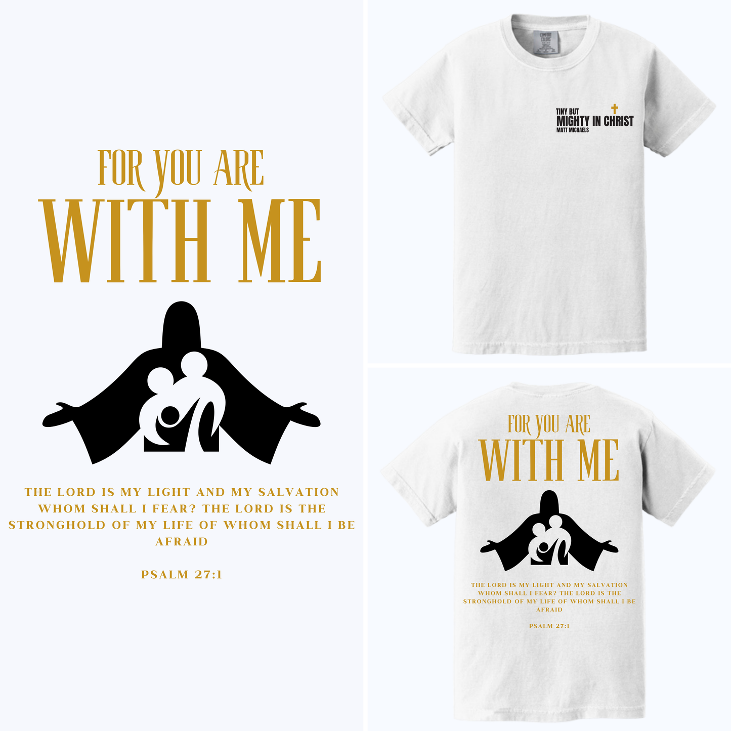 White t-shirt with black and gold graphic design and text on a white background