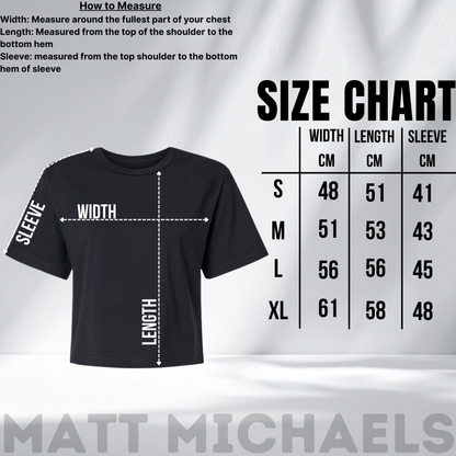 Black t-shirt with size chart and measurement guide on a gray background