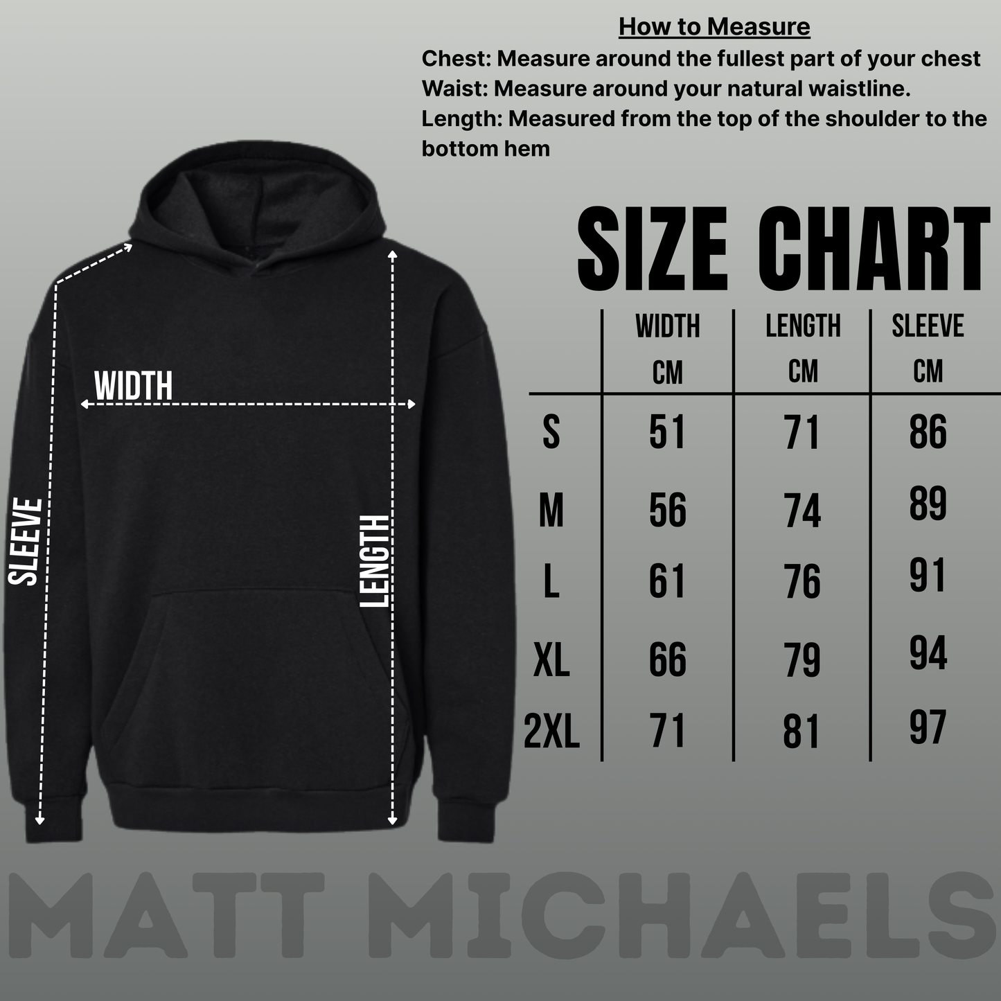 Black hoodie with size chart on a gray background