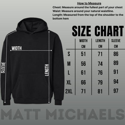 Black hoodie with size chart on a gray background