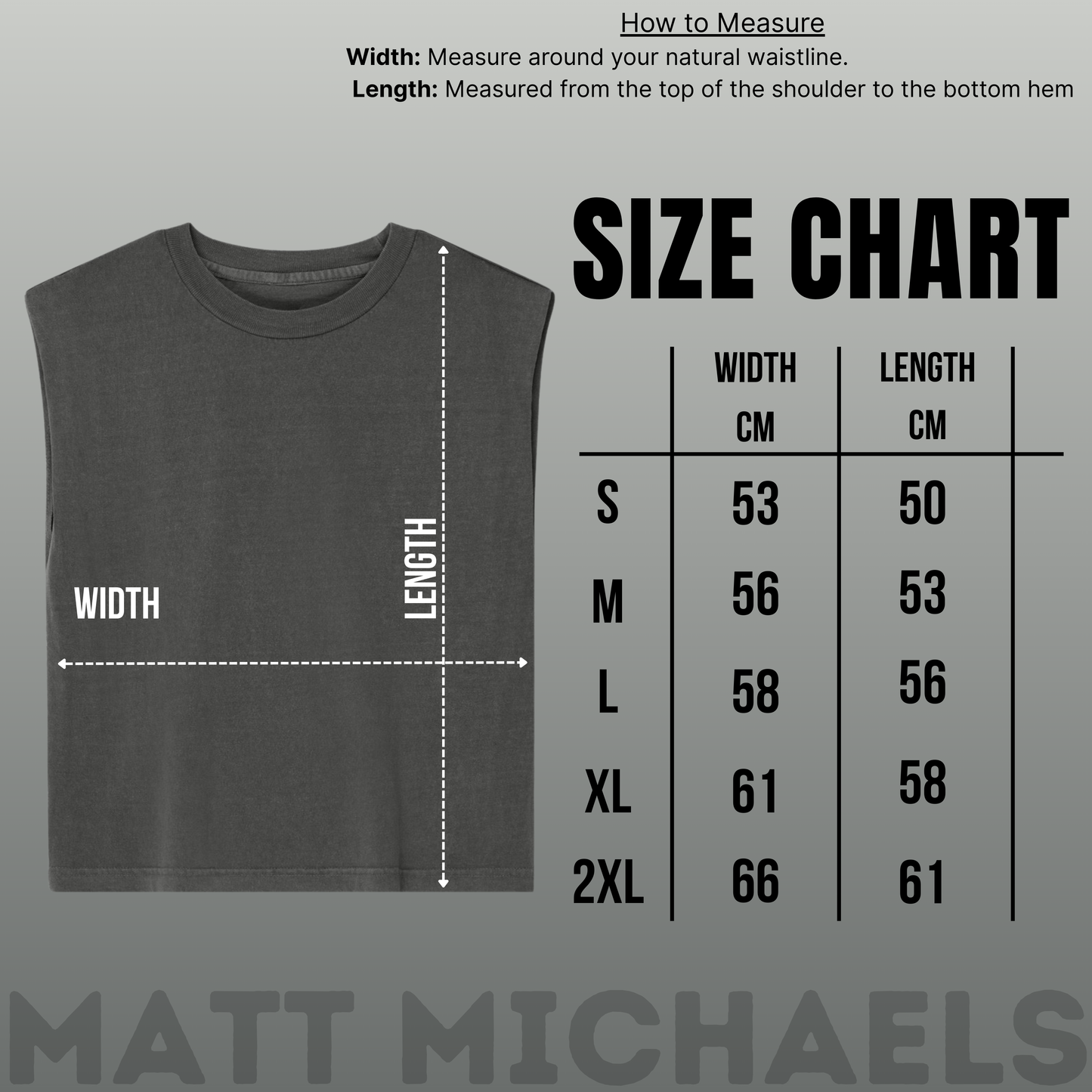 Size chart for a sleeveless shirt with measurements on a gray background