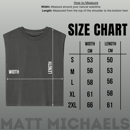 Size chart for a sleeveless shirt with measurements on a gray background