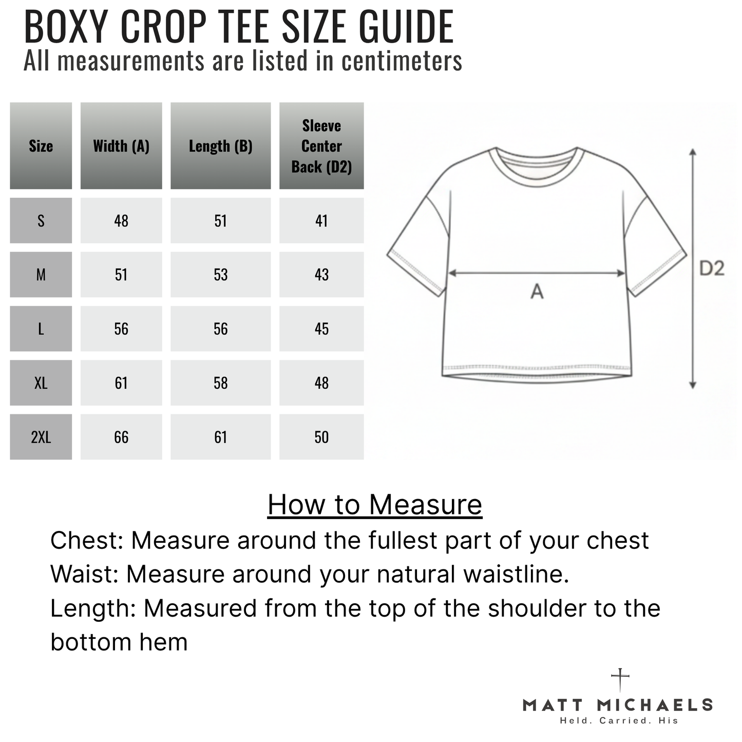 Boxy Crop Tee size guide with measurements and Matt Michaels branding.