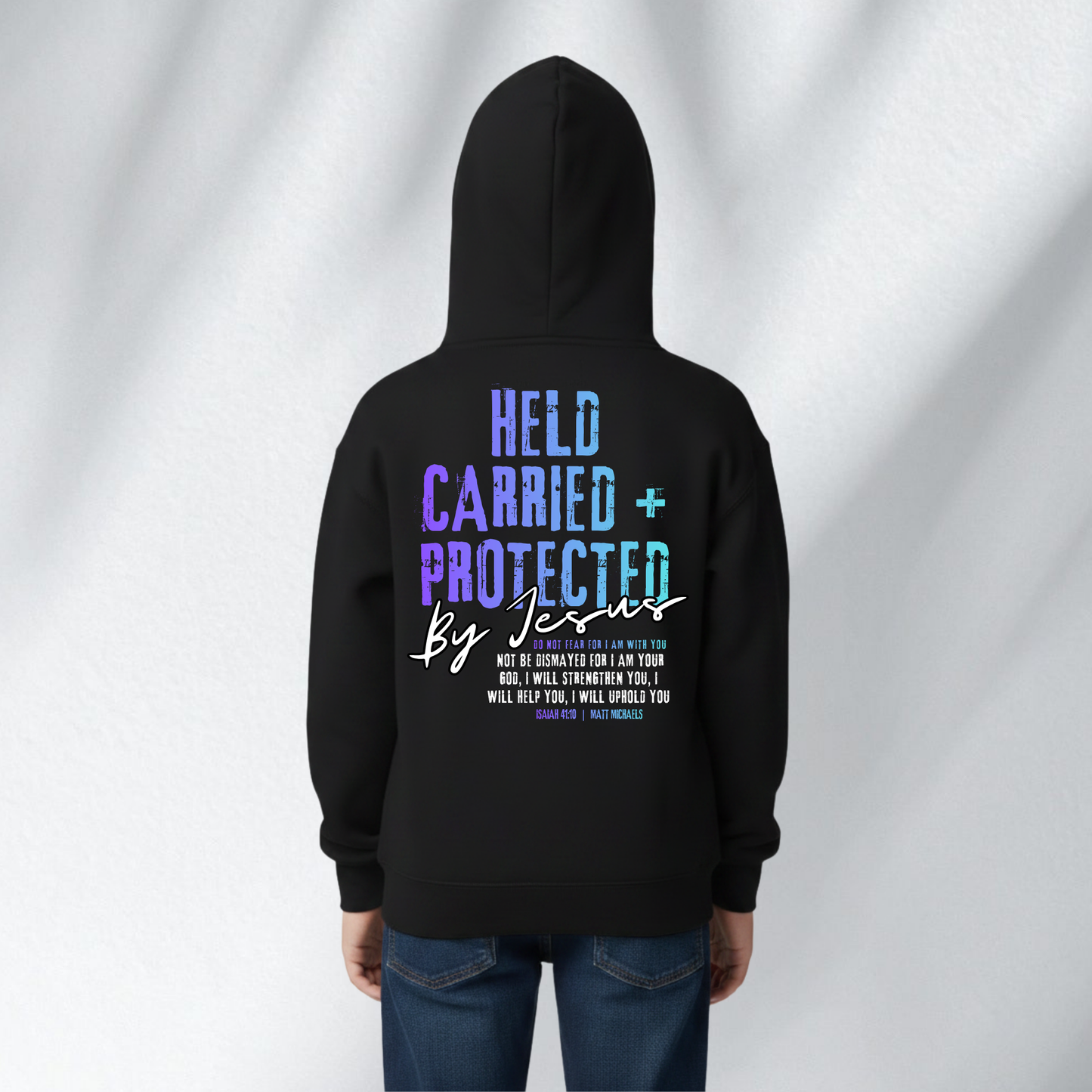 Black hoodie with, held carried protected on the back against a white background