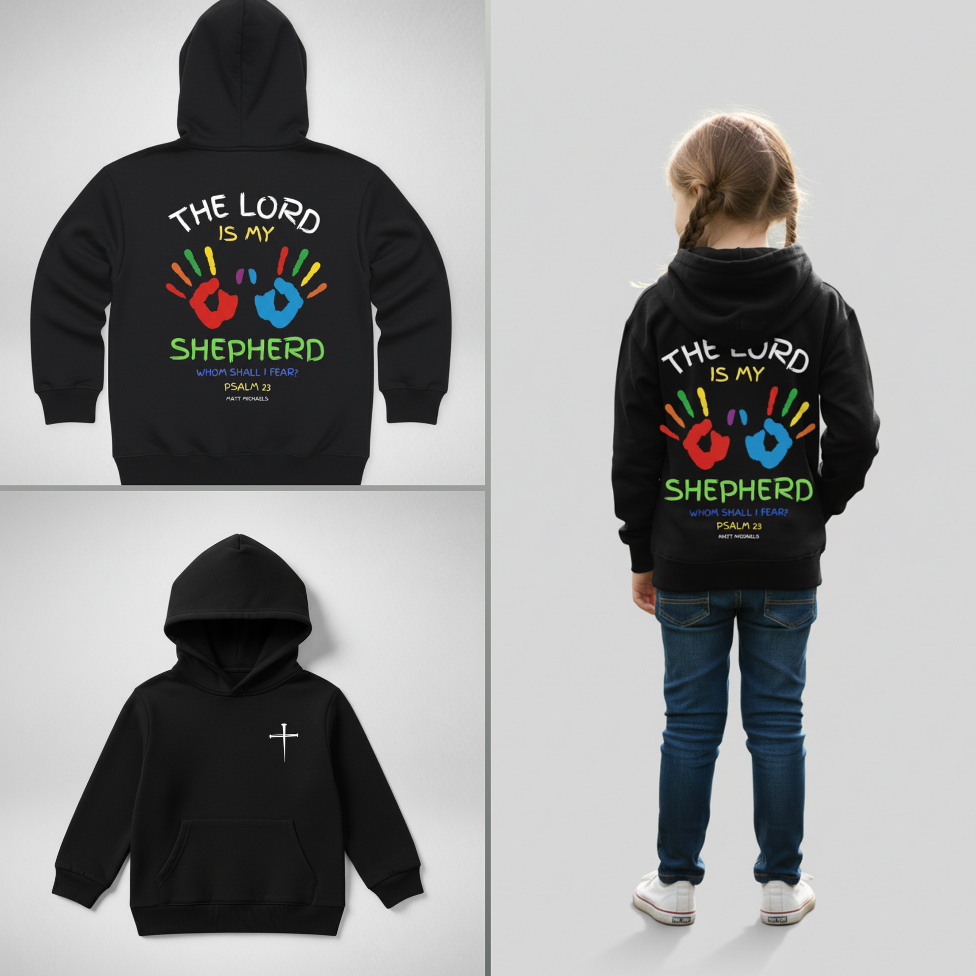 Black hoodie with colorful text and design, worn by a child on a white background