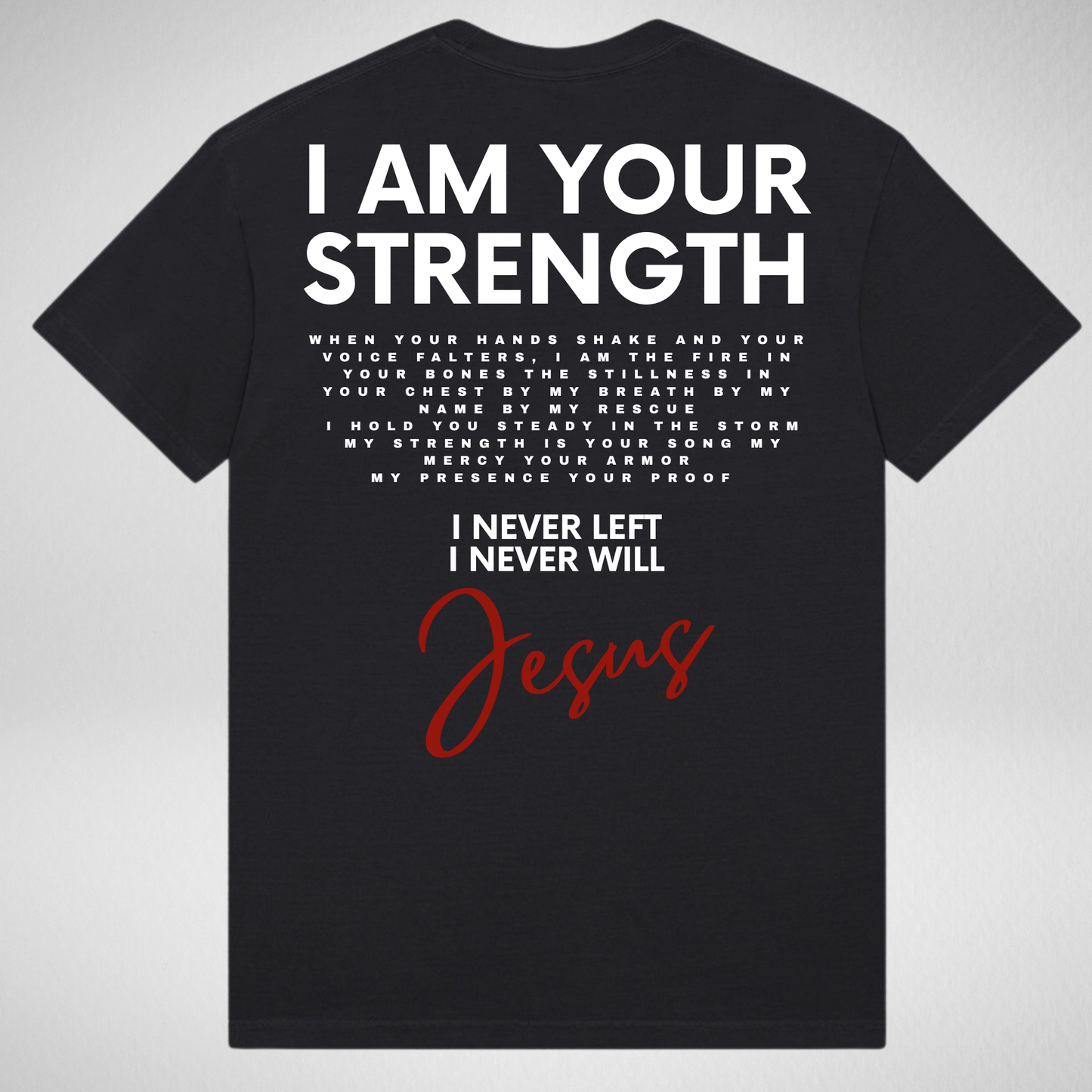 Black t-shirt with motivational text and 'Jesus' on a gray background