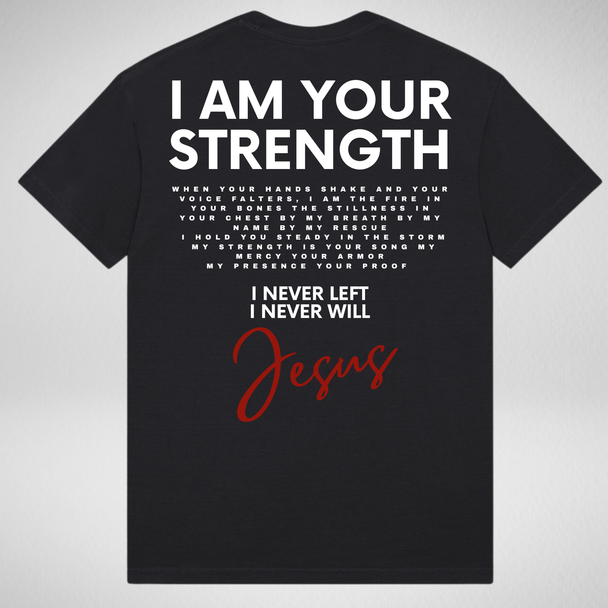 Black t-shirt with motivational text and 'Jesus' on a gray background
