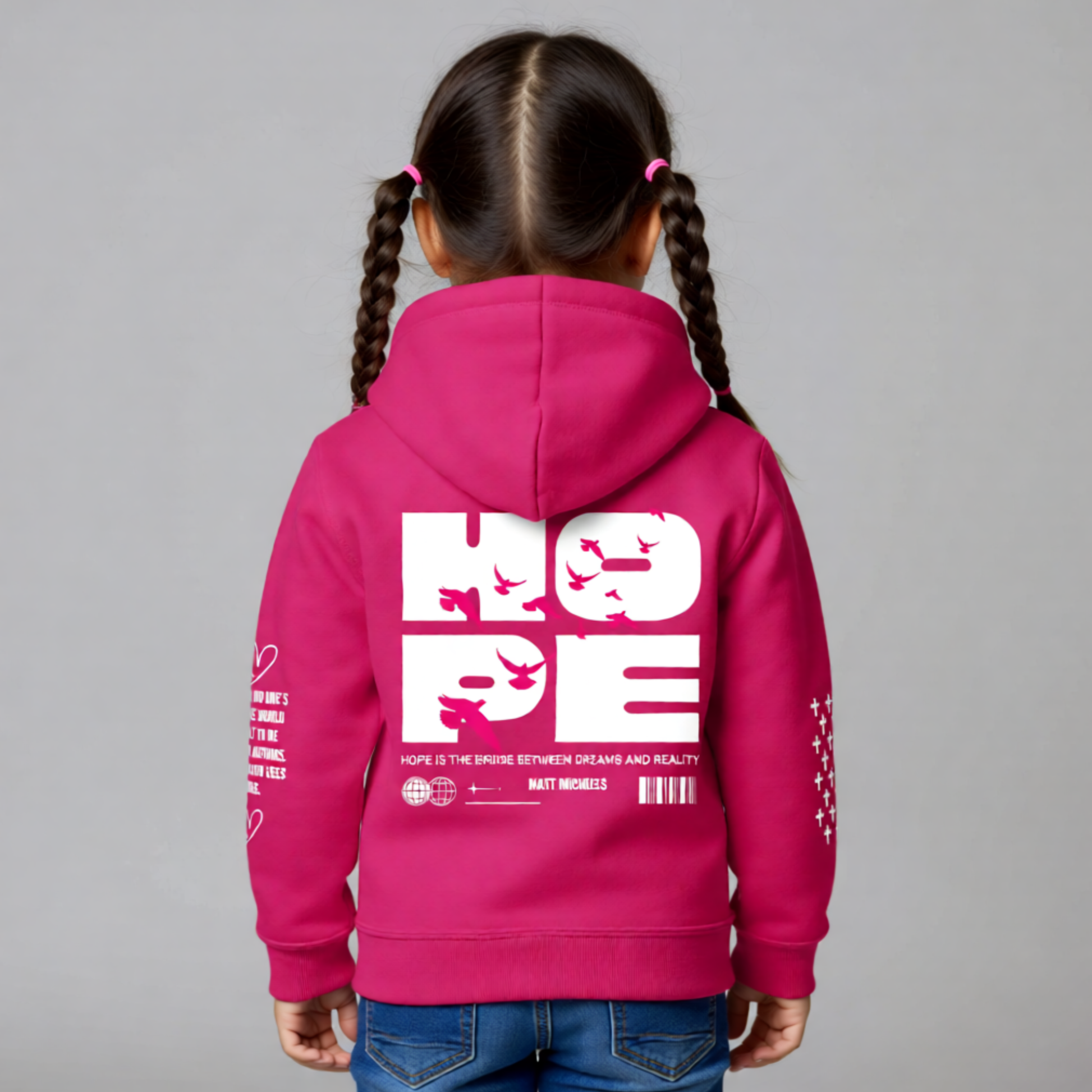 Child wearing a pink hoodie with 'HOPE' text on the back against a gray background