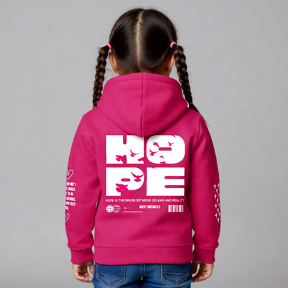 Child wearing a pink hoodie with 'HOPE' text on the back against a gray background