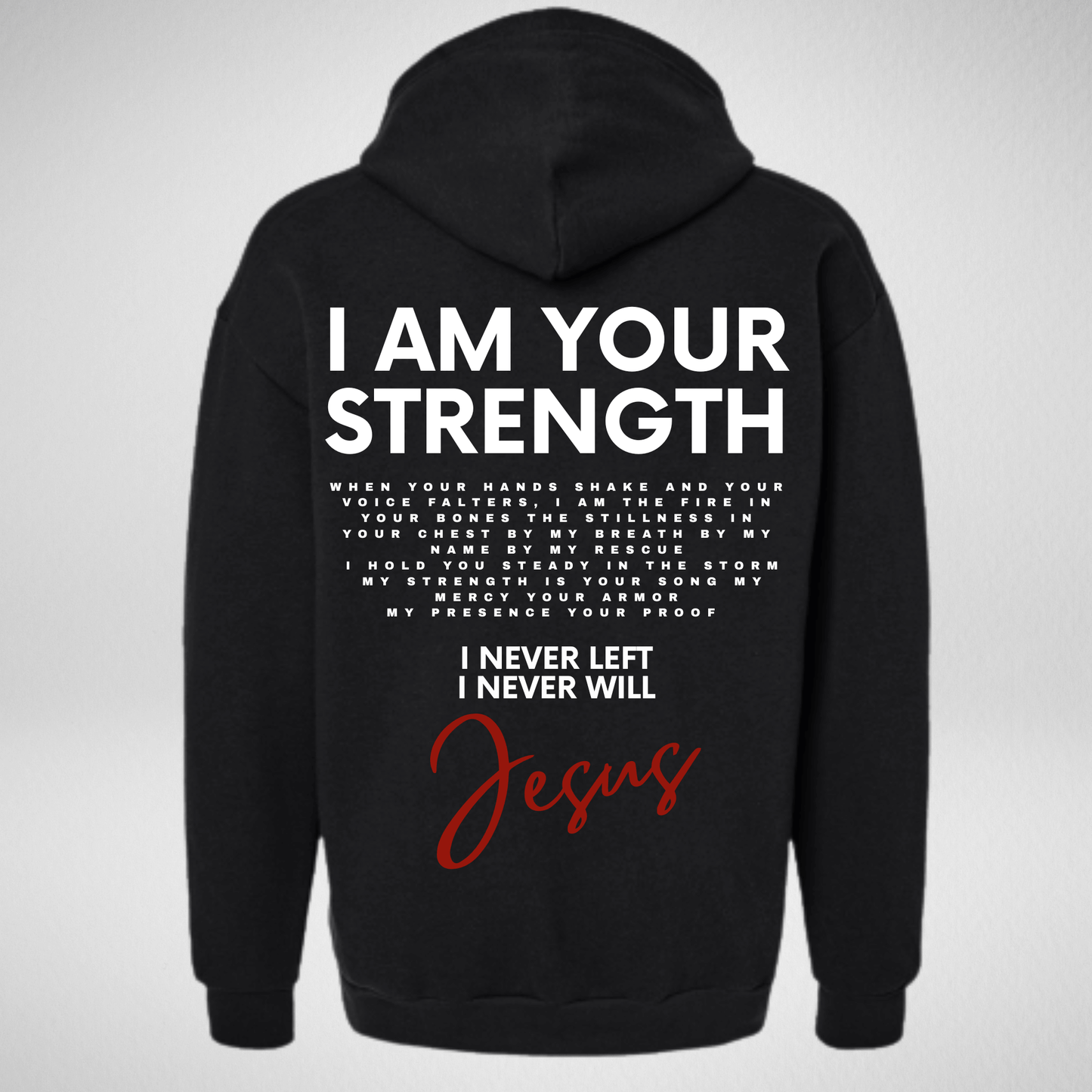 Black hoodie with text on the back on a gray background