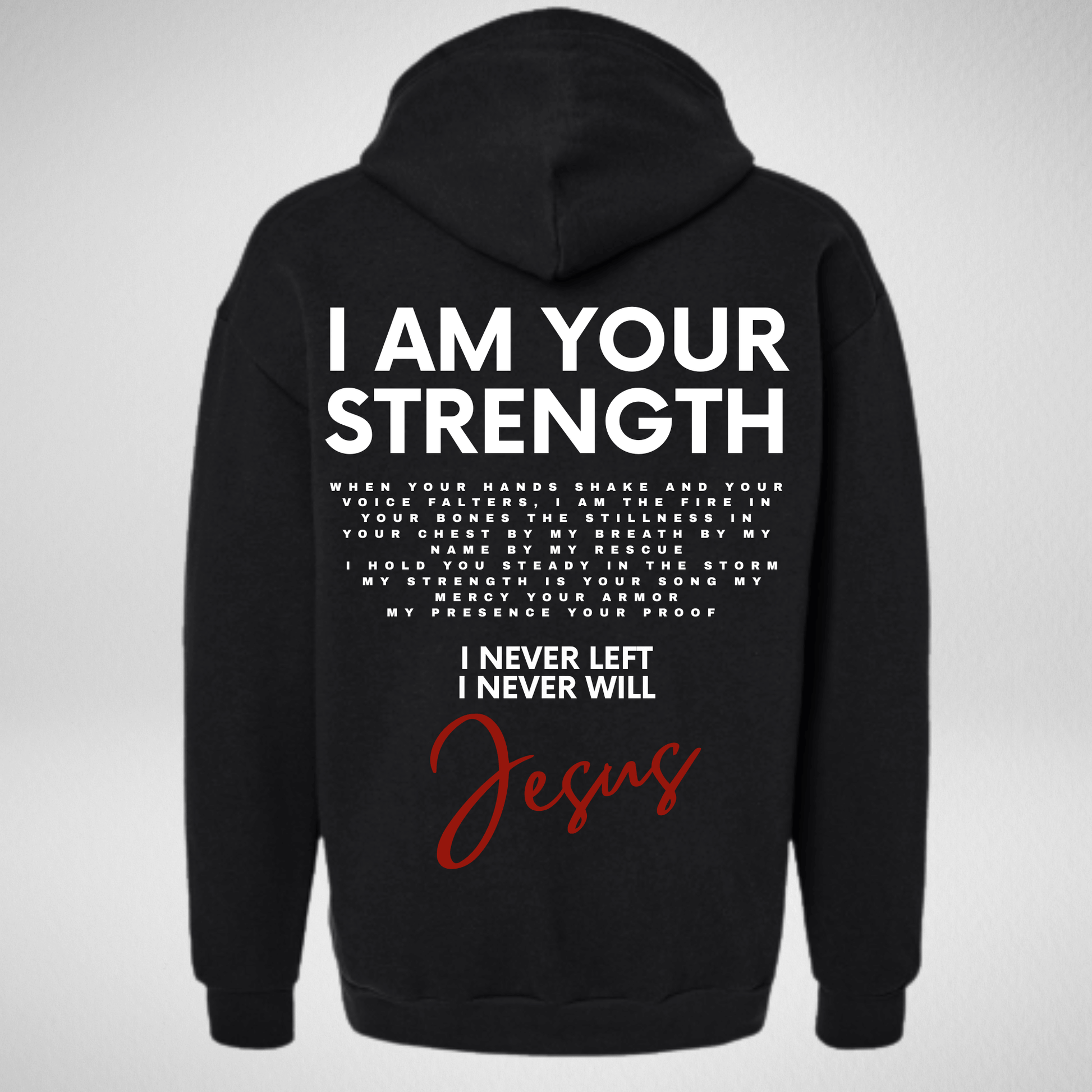 Black hoodie with text on the back on a gray background