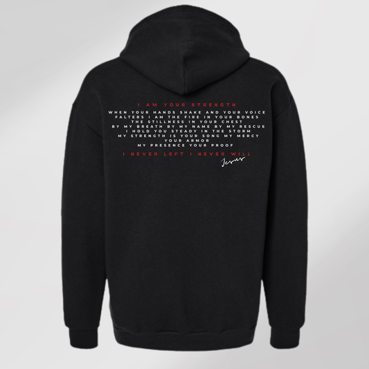 Back of black faith-based hoodie featuring Jesus quote 'I Am Your Strength' in red and white