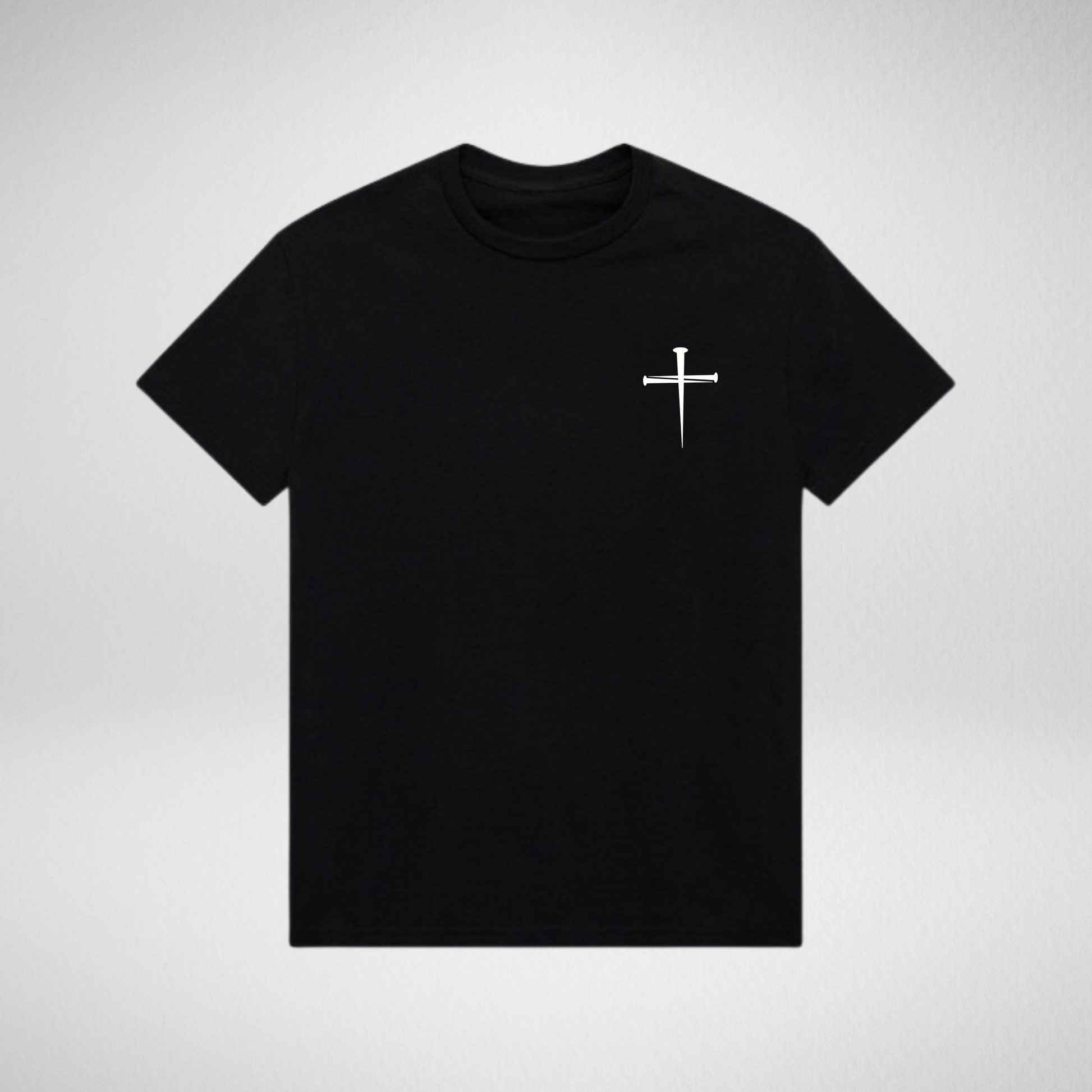 Black t-shirt with a white cross design on a light gray background