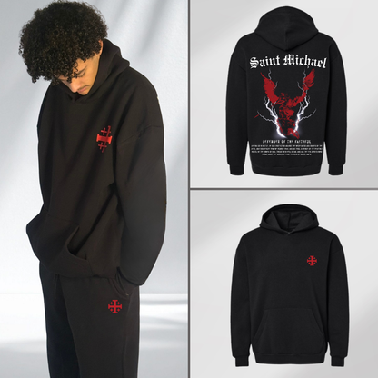 Saint Michael stands armed on the back model wears conviction with red cross over the heart