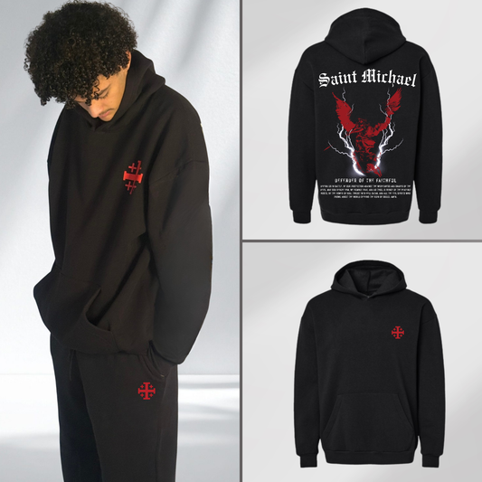 Saint Michael stands armed on the back model wears conviction with red cross over the heart