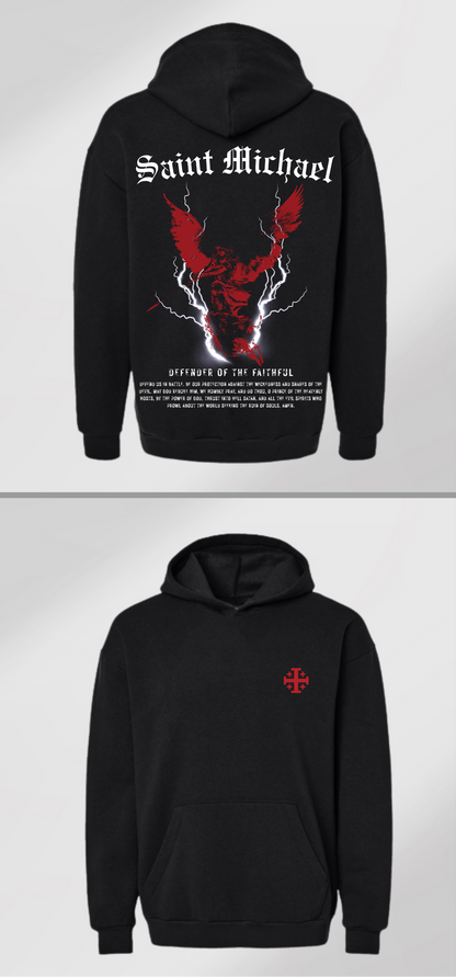 Black pullover hoodie with red Saint Michael graphic on back and small red cross on chest