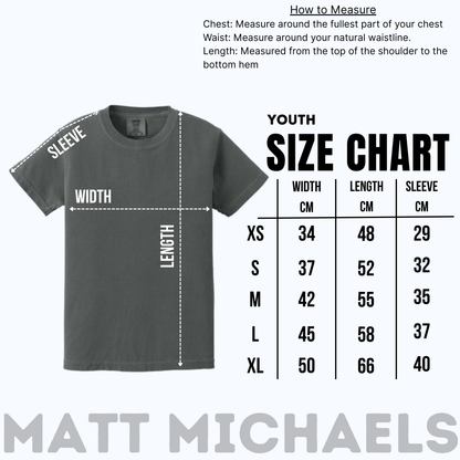 Gray t-shirt with size chart and measurement guide on a white background