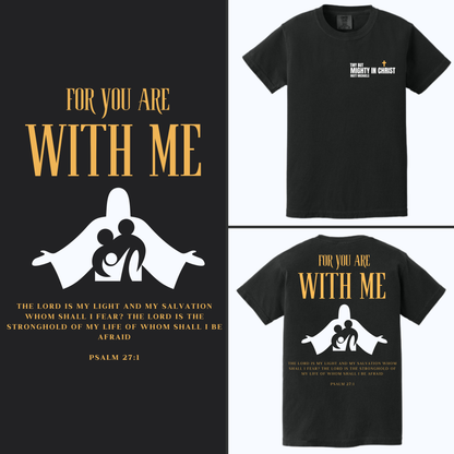 Black t-shirt with white and gold design and text on a black background