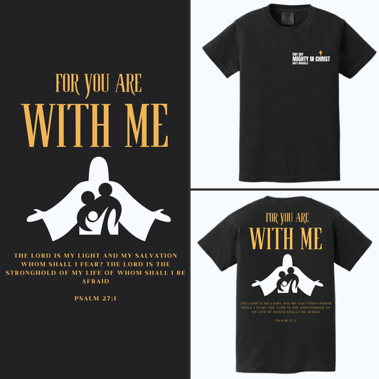 Black t-shirt with white and gold design and text on a black background