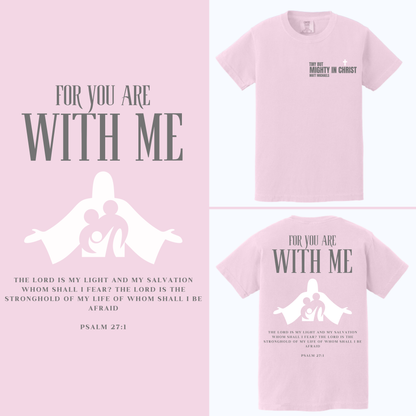 Pink t-shirt with religious text and design on a pink background