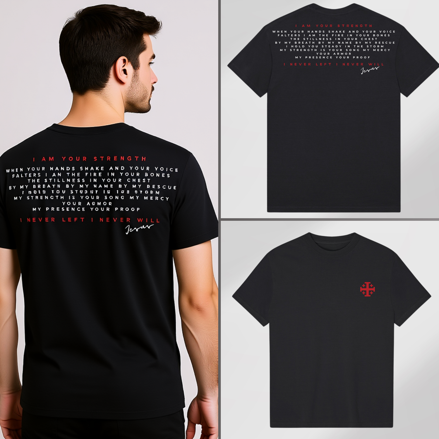 Black Christian T-shirt with bold Jesus quote ‘I Am Your Strength’ and red Jerusalem cross