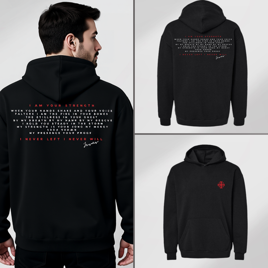 Black Christian hoodie with By His Name design and red Jerusalem cross"