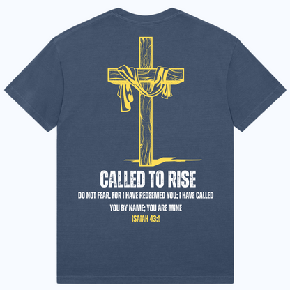 Navy blue t-shirt with a yellow cross and motivational text on the back, on a white background.