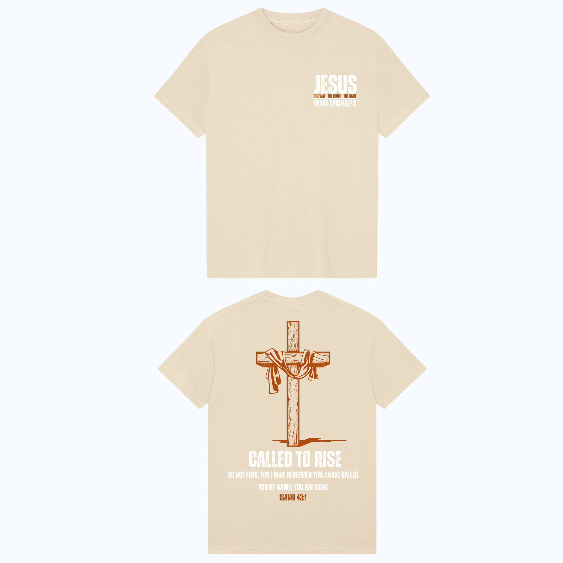 Beige t-shirt with 'JESUS' text and cross design on a white background