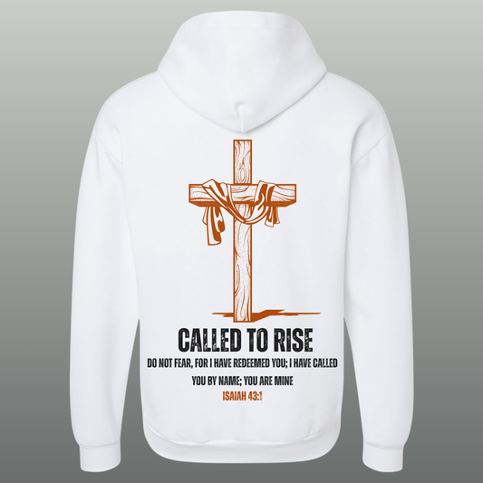 White hoodie with a cross design and text on the back against a gray background
