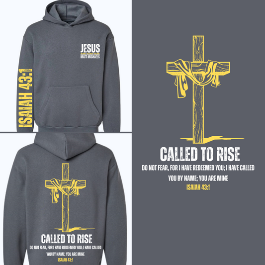 Gray hoodie with yellow and white text and graphics on a dark gray background