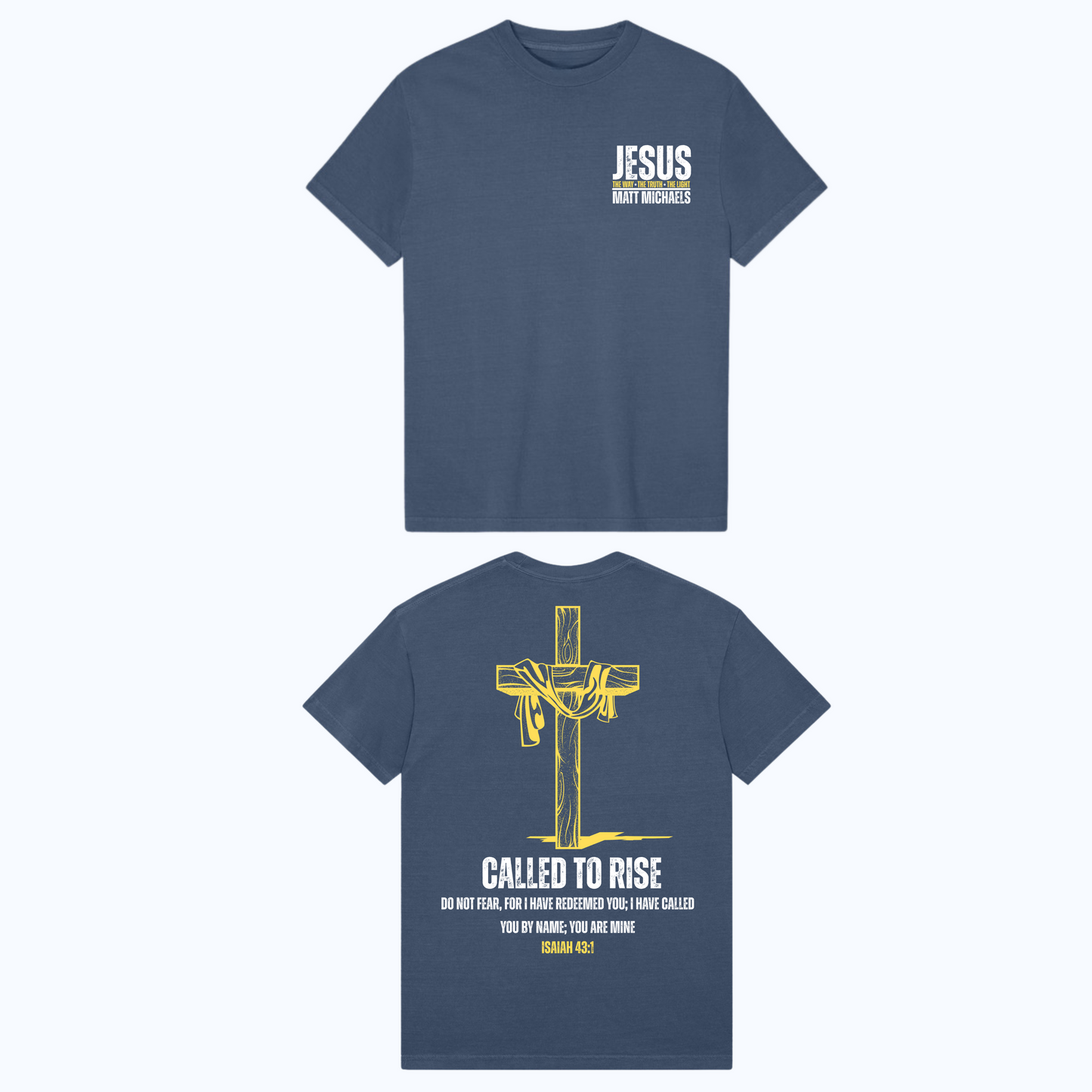 Navy blue t-shirt with white text on the front and yellow graphic on the back, displayed on a white background.