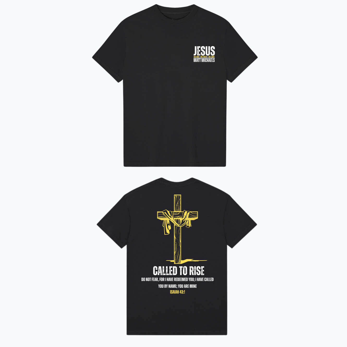 Black t-shirt with yellow and white graphics and text on a white background