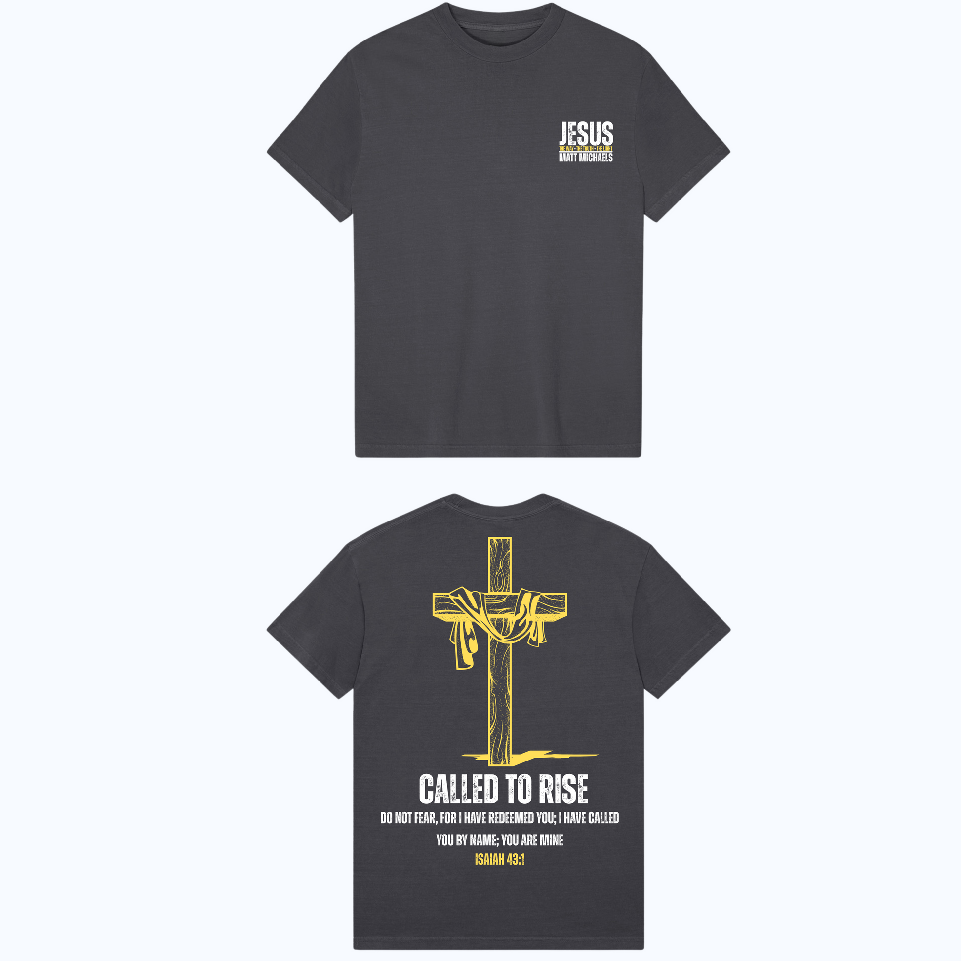 Black t-shirt with yellow and white graphics and text on a white background