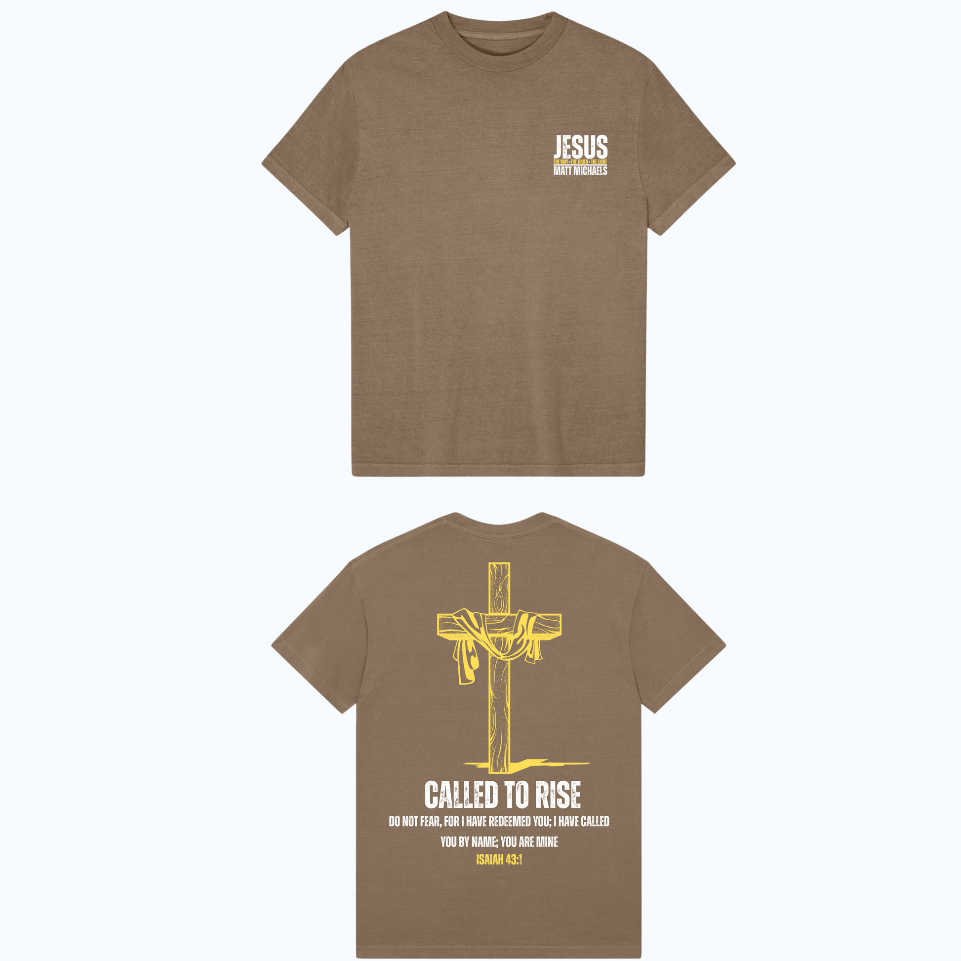 Brown t-shirt with 'Jesus' text on front and cross graphic with text on back