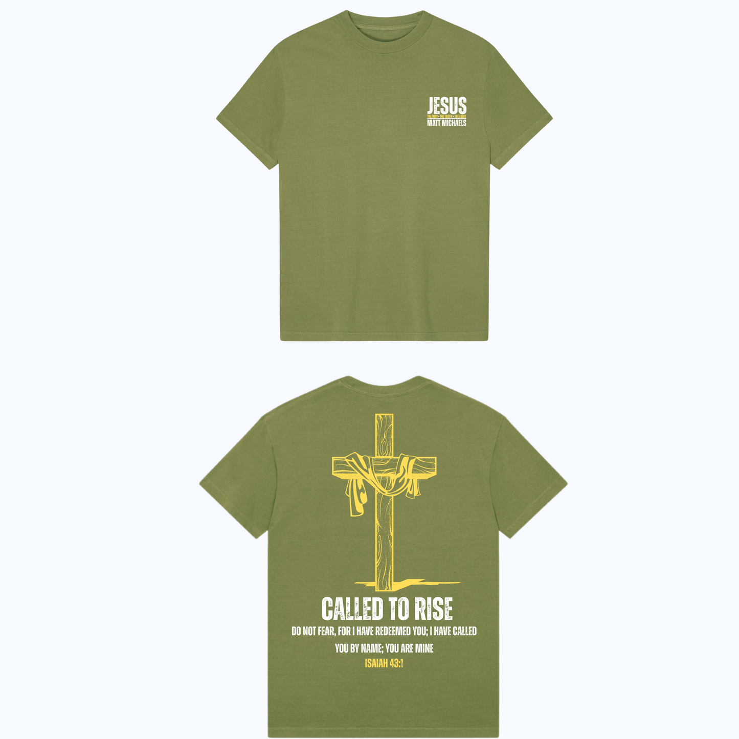 Green t-shirt with 'Jesus' text on front and cross graphic with text on back